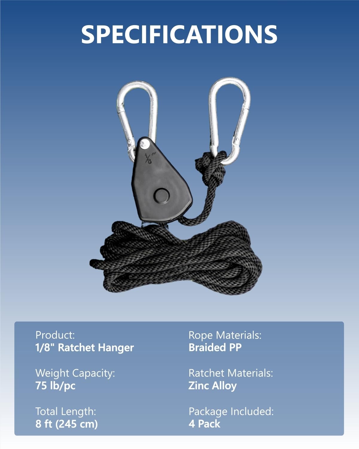 EVMANZ 1/8" Rope Tie Down Ratchet: 4 Pack of Adjustable Grow Light Hangers - Small Ratchet Straps for Various Hanging and Strapping