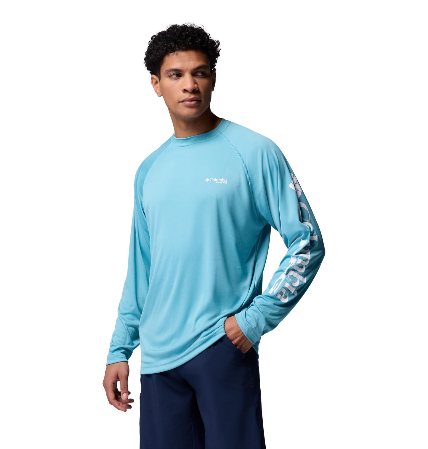 Columbia Men's PFG Terminal Tackle Long Sleeve Fishing Shirt, Vintage Blue/White Logo, Small
