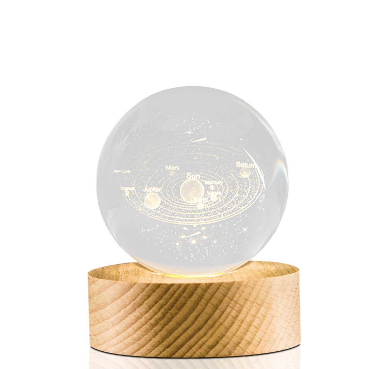 Flexzion 3D Solar System Crystal Ball Night Light - LED Light Hologram Glass Lamp with Solid Wood Base, USB Powered Crystal Ball Lamp w/Adjustable Brightness for Home Decor Display Gift,2.4inch(60mm)