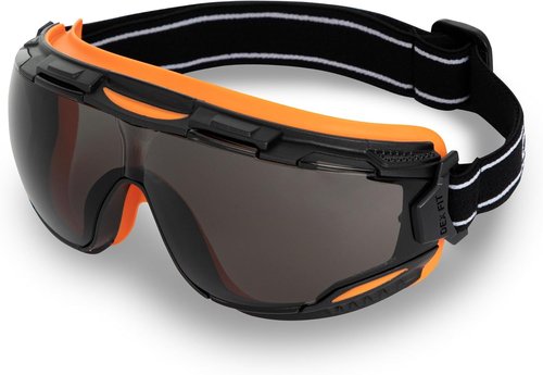 DEX FIT Safety Goggles - Wide-Vision Lab & Chemical Splash Protection | Anti-Fog, Scratch Resistant, Black/Orange, Smoke Lens