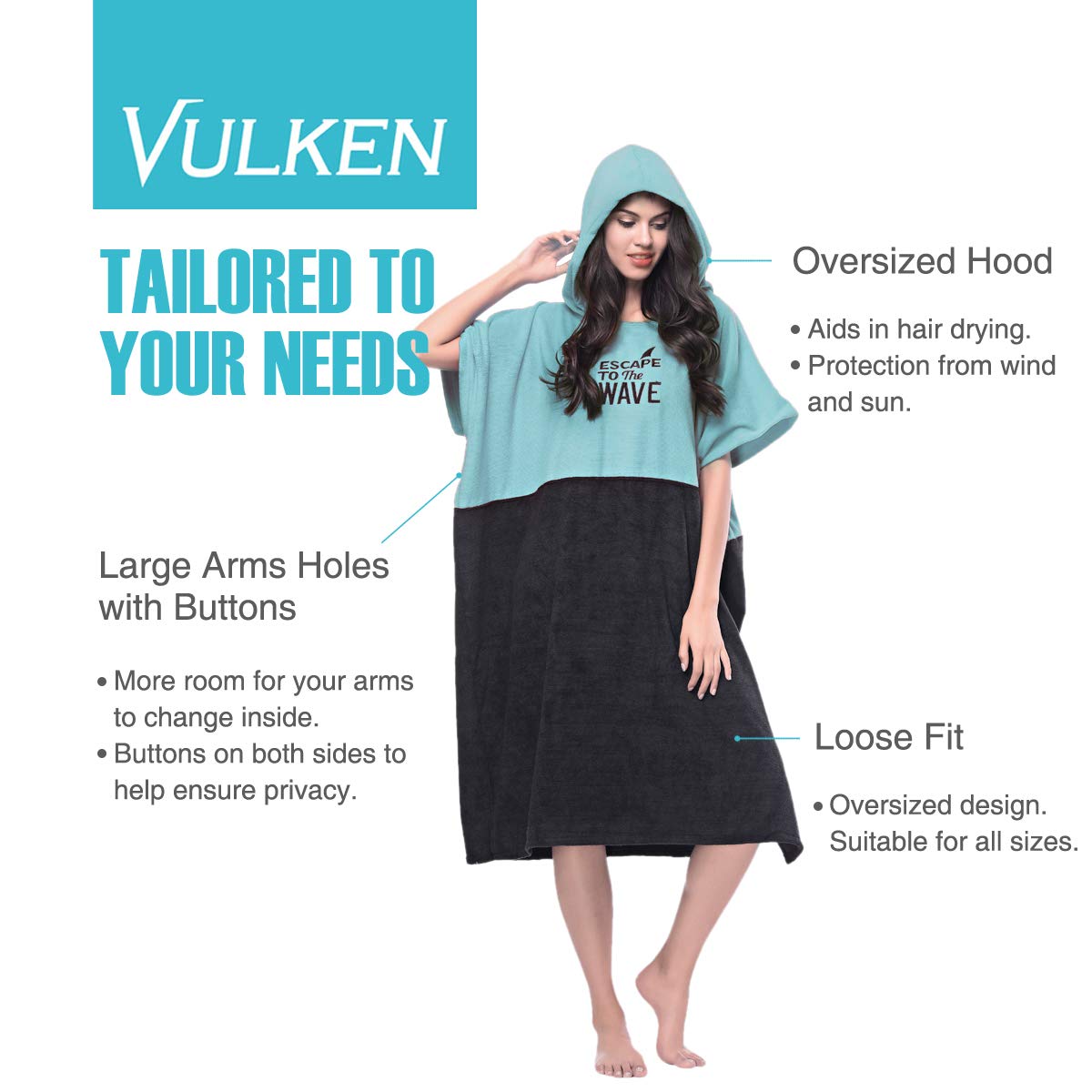Vulken Extra Large Teal Blue Thick Hooded Beach Towel Changing Robe. Surf Poncho Women for Easy Change in Public. Quick Dry Microfiber Toweling for The Beach, Pool, Lake, Water Park. S/M
