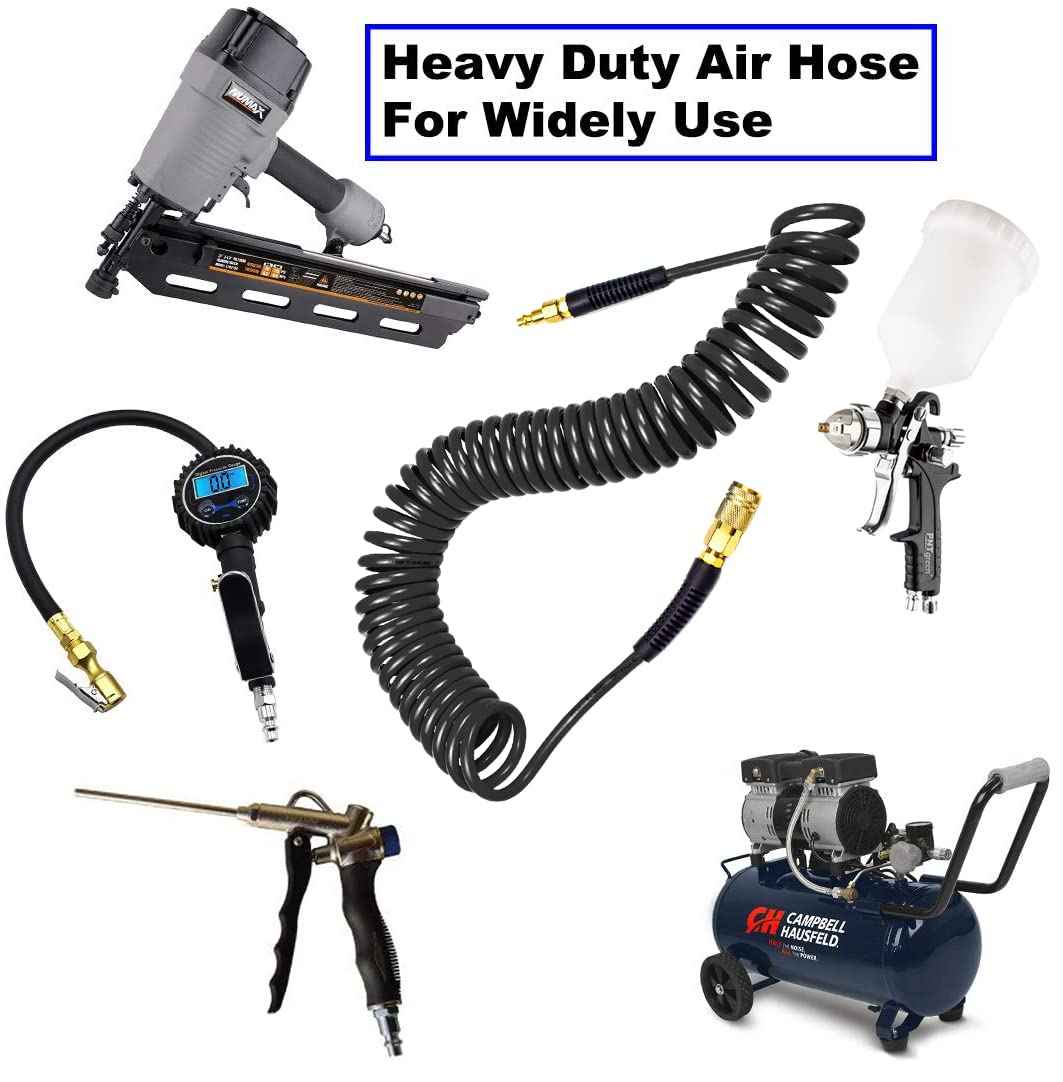 YOTOO Polyurethane Recoil Air Hose, Air Compressor Hose 1/4" Inner Diameter by 25' Long with Bend Restrictor, 1/4" Industrial Quick Coupler and Plug, Black