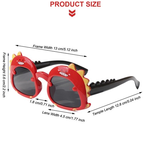 EYEGLASSTOR Dinosaur Cartoon Toddler Sunglasses for Kids Aged 2-6, Red & Black Dark Lenses, UV400 Protection, Secure Fit for Outdoor Play