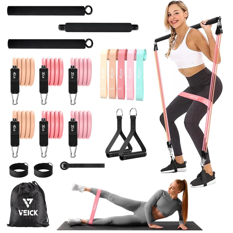 VEICK Pilates Bar Kit with Resistance Bands, Elastic Workout Bands for Men and Women, Set of 5 Resistance Loop Bands for Home Fitness, Stretching, Strength Training, Physical Therap, Light Pink