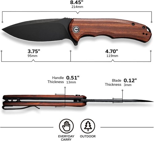 CIVIVI Folding Pocket Knife - Praxis Flipper with 3.75" Black Stonewashed Blade & Cuibourtia Wood Handles | Reversible Clip for EDC