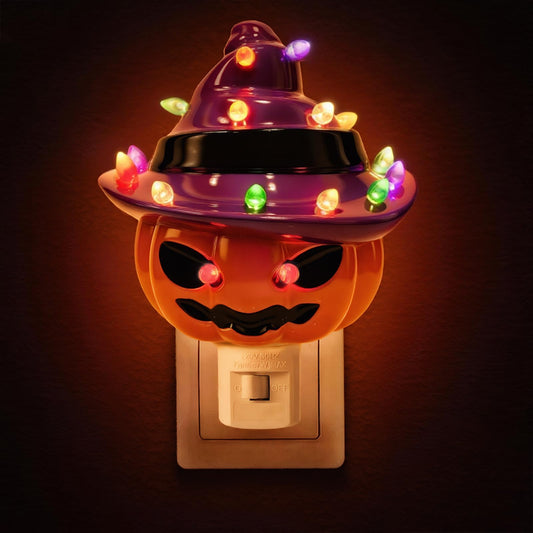Lasumora Halloween Decorations, Ceramic Pumpkin in Witch Hat Plug-in Night Light, Vintage Halloween Decorative Night Light with 17 Bulbs, Halloween Decor Indoor for Party Gift Bedroom & Hallway