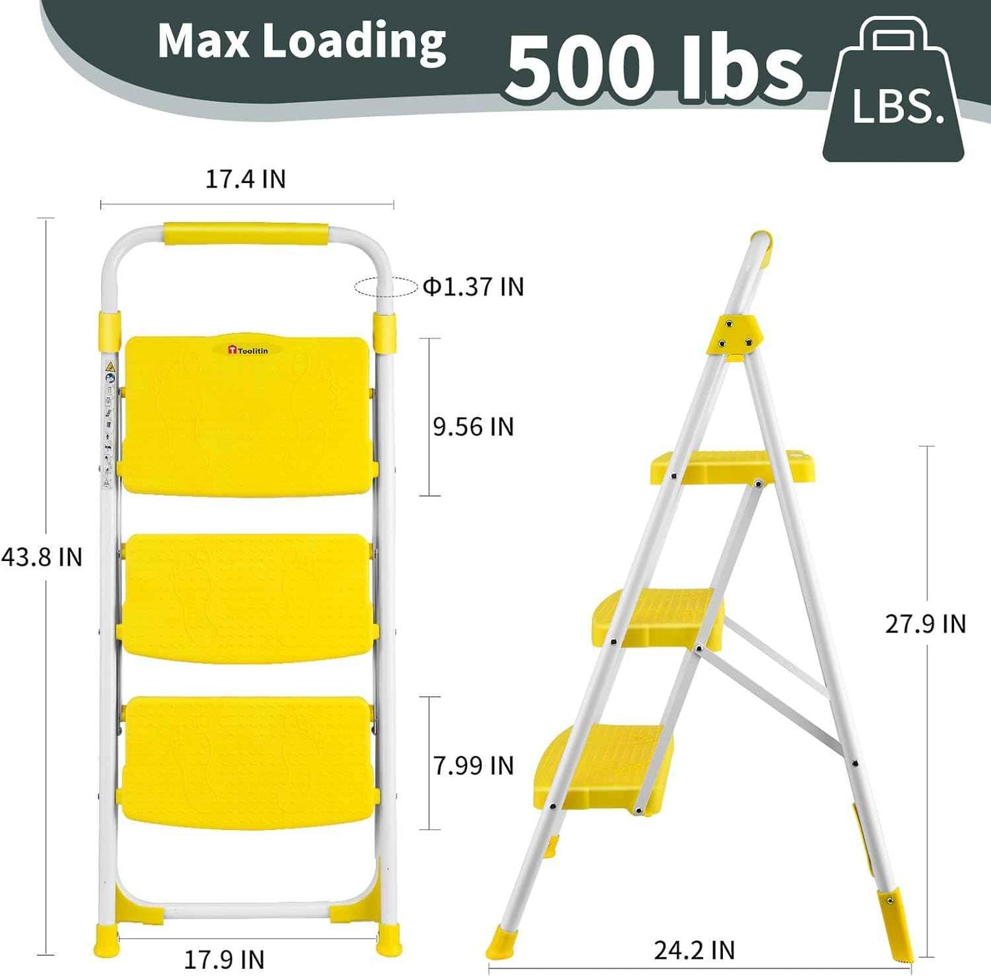 Portable 3-Step Folding Ladder - Sturdy Steel Step Stool with Anti-Slip Pedal & Handgrip, 500lbs Capacity for Home & Office