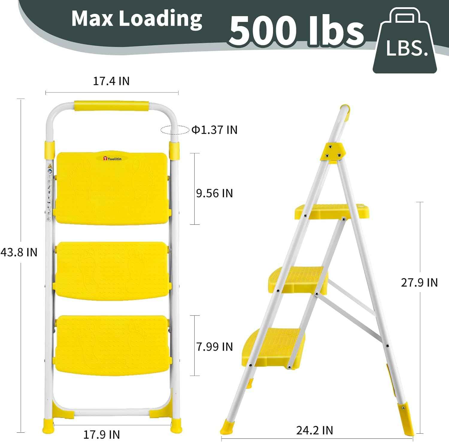 Portable 3-Step Folding Ladder - Sturdy Steel Step Stool with Anti-Slip Pedal & Handgrip, 500lbs Capacity for Home & Office