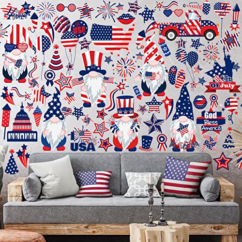 Patelai 6 Sheets 4th of July Decoration Patriotic Wall Stickers Independence Day Wall Decals American Flag Star Red White Blue Clings Memorial Day Window Clings for Patriotic Party Favors Decor(Gnome)