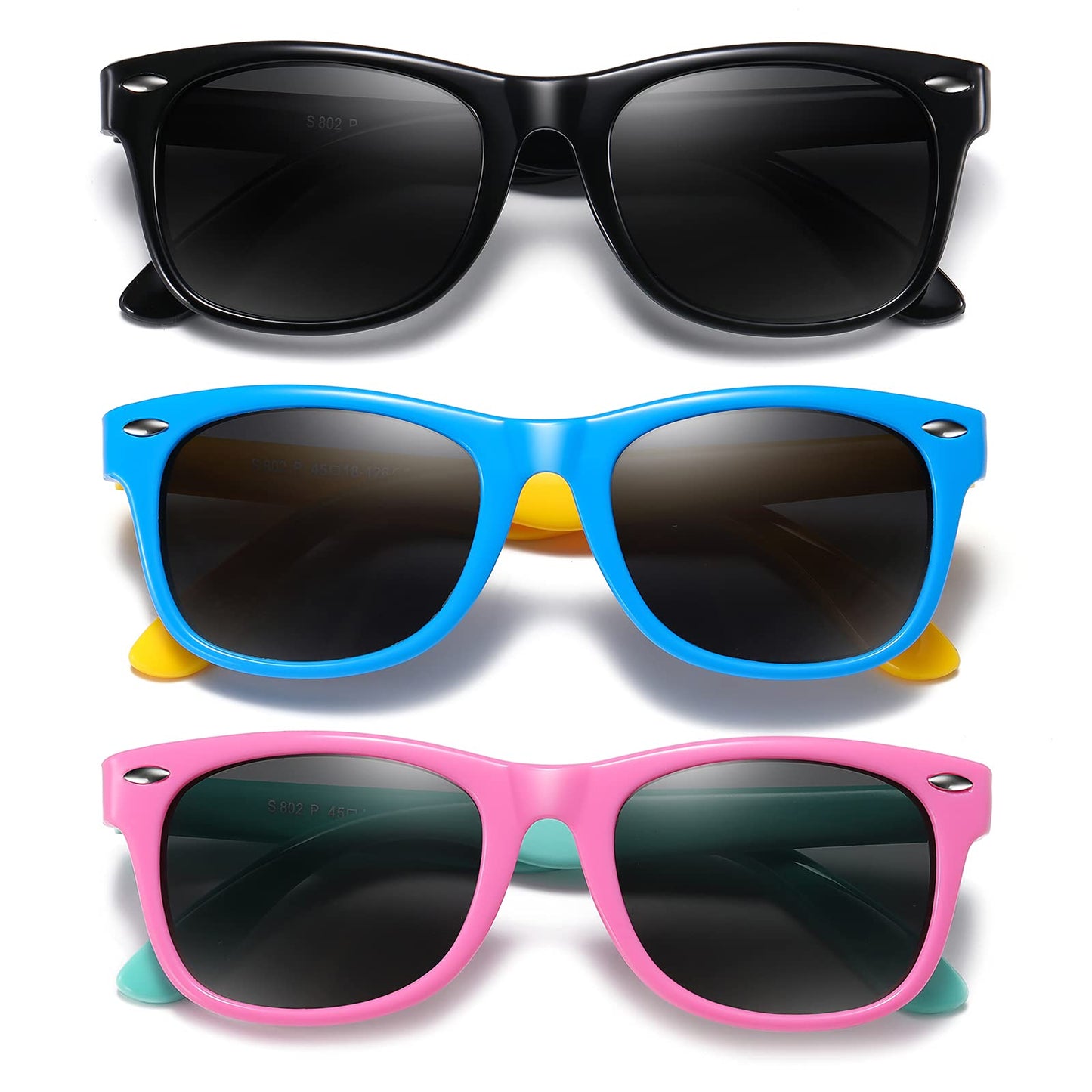 DYLB Kids Polarized Sunglasses for girls boys 3 Pack, Flexible TPEE Rubber Frame for Children Age 3-8. (Black +Pink Green +Blue Yellow)