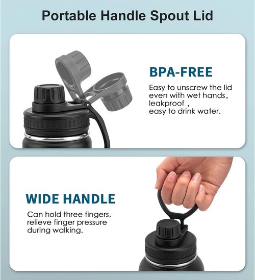 Koodee Insulated Water Bottle - 18 oz Stainless Steel Double Wall Vacuum with Leakproof Spout Lid | Black