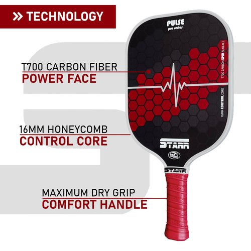 STARR Pulse Pro Pickleball Paddle | USAPA Approved 16mm Honeycomb Core | T700 Carbon Fiber Control Surface (Red)