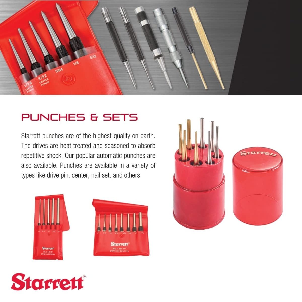 Starrett Brass Drive Pin Punch Set with Knurled Grip in Protective Fabric Pouch - 4" Length, 1/16", 3/32", 1/8", 5/32", 3/16", 7/32", 1/4", 5/16" Punch Diameter - SB565Z