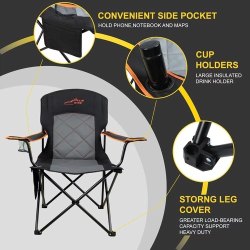 Fair Wind Heavy Duty Camping Chair - 350LBS Capacity, Fully Padded with Cup Holder & Side Pocket | Portable Lawn Chair for Tailgating, Beach & Sports