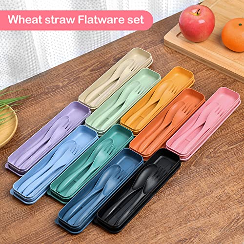 Reusable Travel Utensils Set - 2 Sets Wheat Straw Cutlery Case - Black & Dark Blue