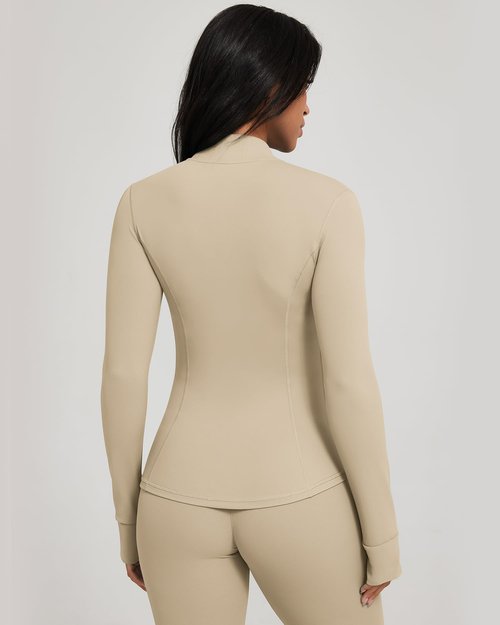 GYM RAINBOW Workout Jackets for Women Athletic Running Gym Yoga Jacket Lightweight Full Zip Slim Fit Sports Tops Thumb Holes Pockets(Oxford Tan,Medium)