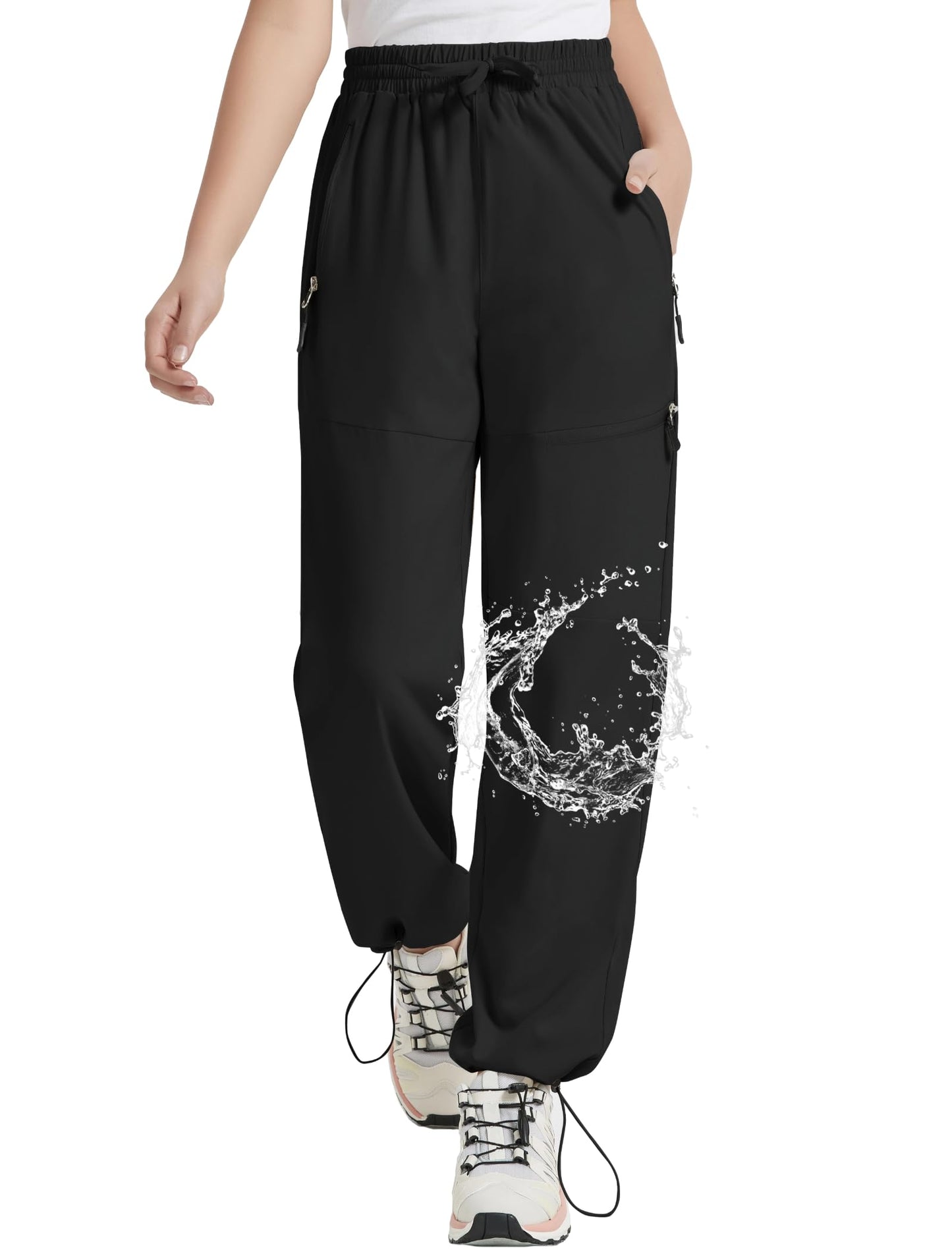 EXARUS Girls Hiking Pants Kids Quick Dry Waterproof Cargo Lightweight Athletic Summer Camp Joggers High Waisted Zip Pockets Black 12Y