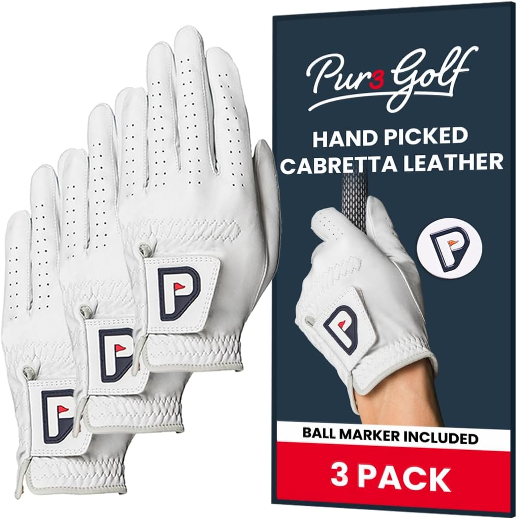 PUR3 Cabretta Leather Golf Gloves for Men - Ultra Soft Genuine Leather | Left & Right Hand | Multi-Pack