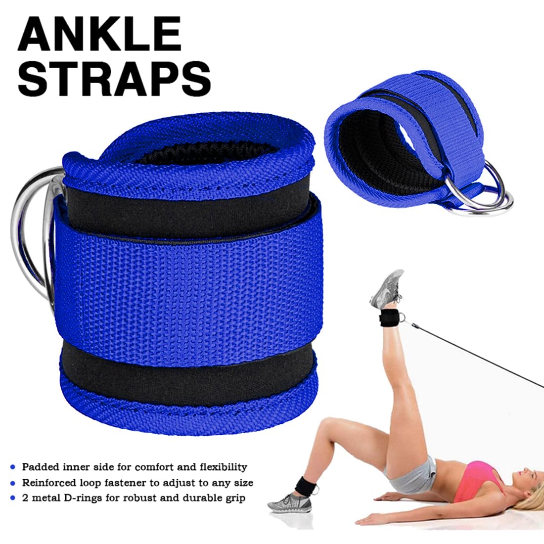 EastyGold Ankle Straps Ankle Bands Wrist Cuffs Padded Straps Adjustable Fitness Glute Kickback D-Ring for Cable Machine Gym Foot Leg Training Brace Support 1 Pair (Blue)