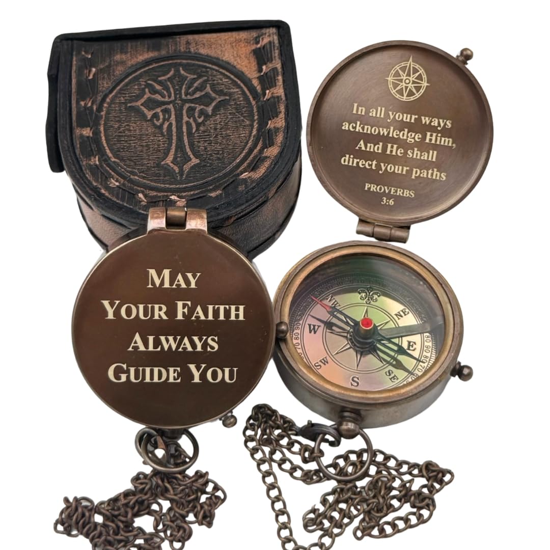 Baptism Gifts for Boys – Handmade Brass Compass with Scripture – May Your Faith Always Guide You – Christian, Catholic, Religious Gift for First Communion, Confirmation, Christening – Gift for Men