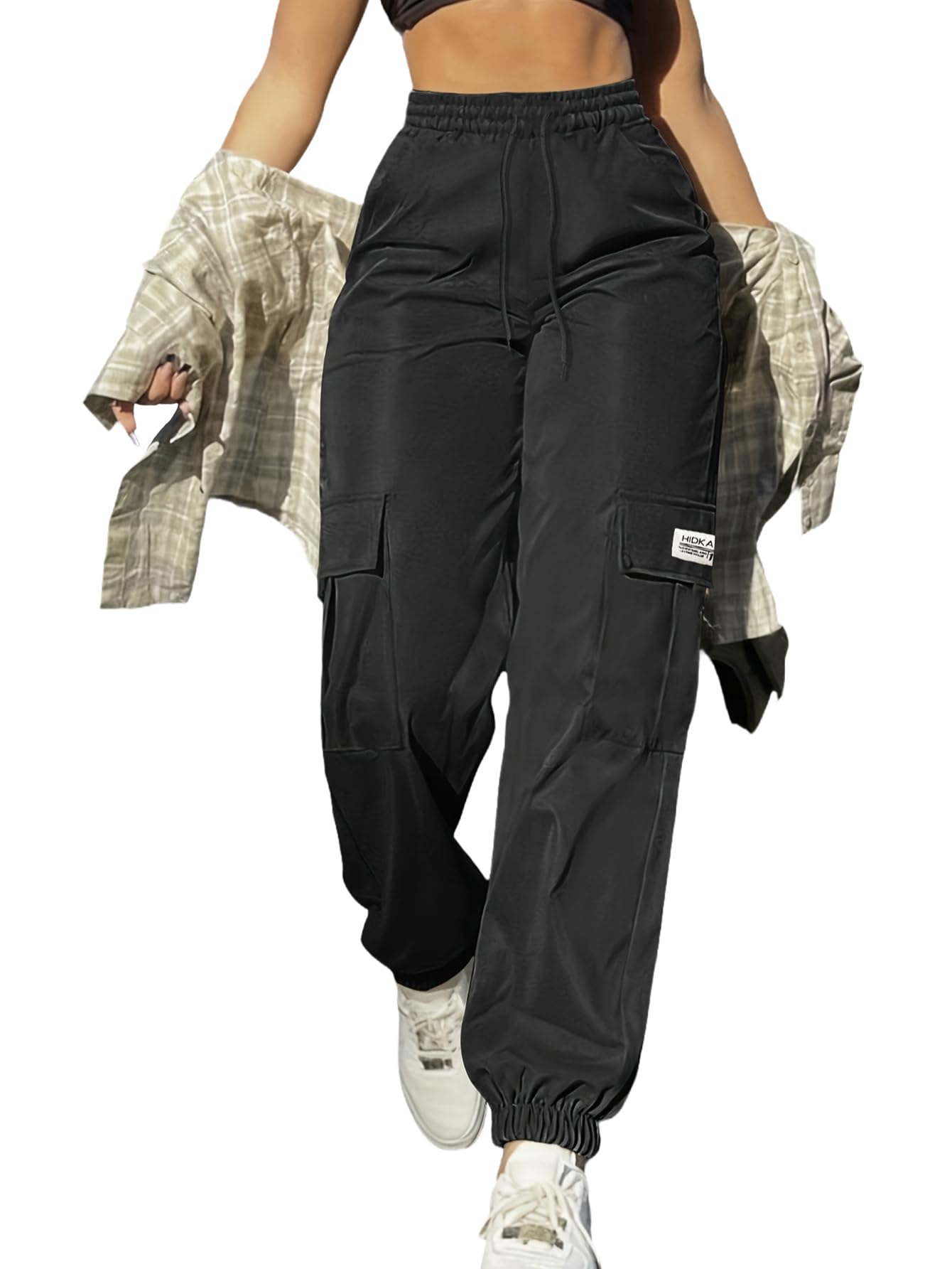 XYXYING Cargo Pants Women - Lightweight Breathable Drawstring Ankle Trousers for Casual Outdoor Sports Black