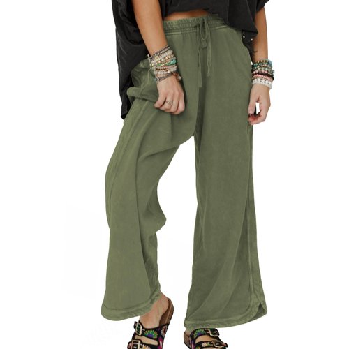 Hixiaohe Women's Casual Wide Leg Sweatpants High Waist Baggy Acid Wash Pants Drawstring Athletic Palazzo Pants with Pockets(Army-Green,M)