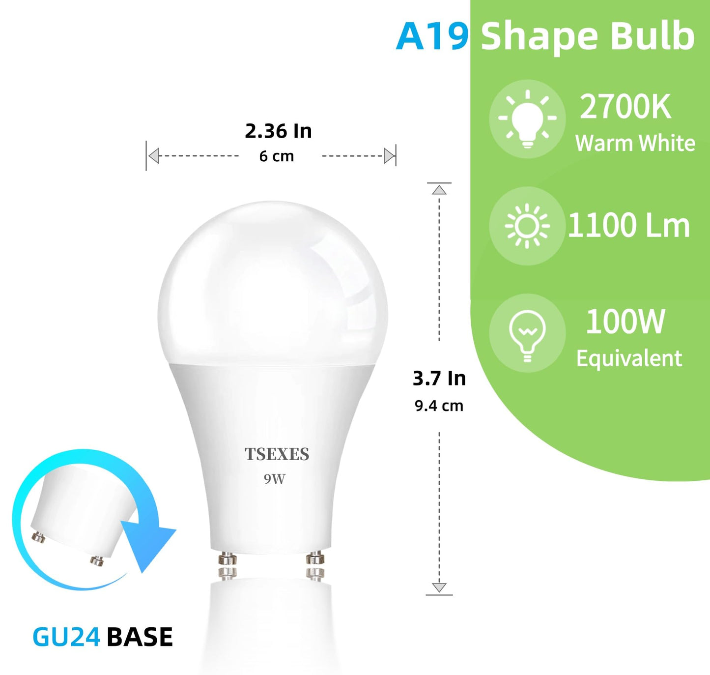 TSEXES GU24 LED Light Bulb,9W(Equivalent 100 Watt),1100 Lumens,Non-Dimmable, A19 Shape 2 Prong Light Bulbs, 2700K Warm White,4 Pack