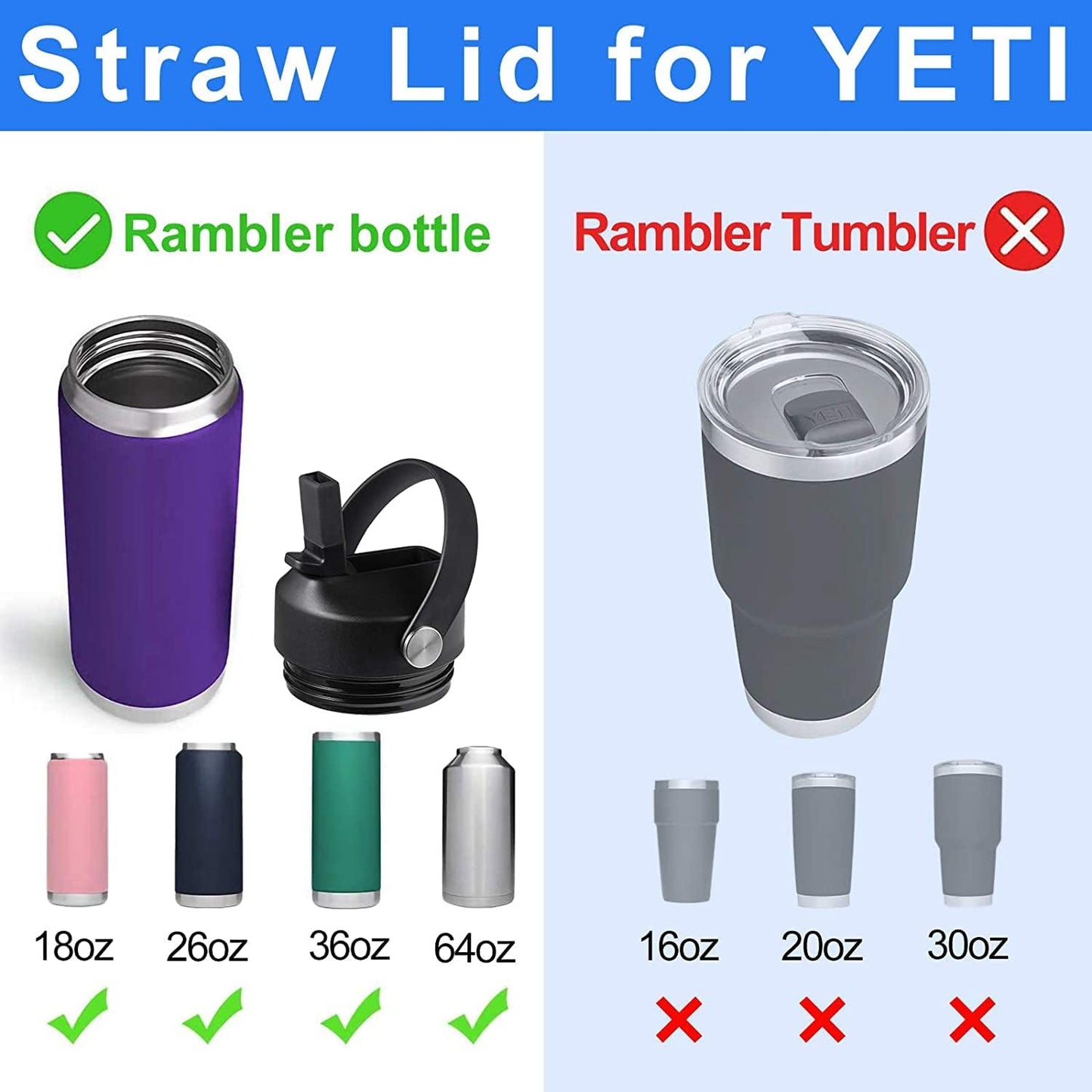 Straw Lid Set for Yeti Rambler 26 36 46 64 oz, Flex Handle Screw Top, Replacement Cap for Yeti Kids Jr 12 18 Ounce Water Bottle Accessories, Leak-proof and Dishwasher Safe (Black+Navy - 2 Pack)