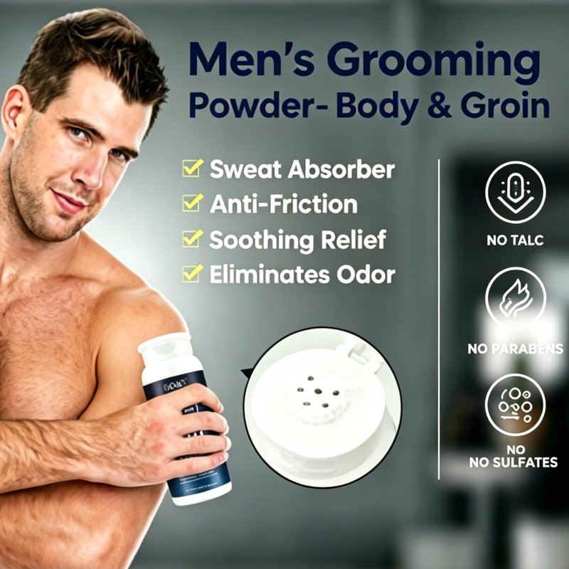 Anti Friction Grooming Powder for Men with Zinc Oxide, Talc-Free Moisture Absorption Body Powder for Groin & Sensitive Skin, Anti Sweat & Whole Body Deodorant, Gentle Comfort Fresh Formula, 3.53oz