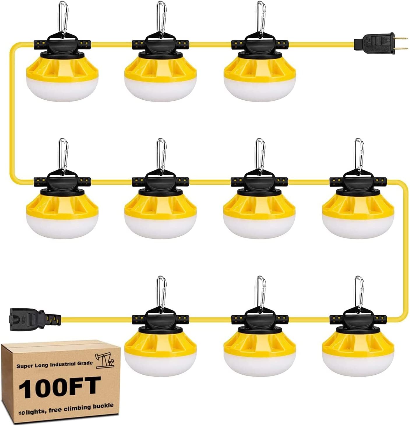 100FT Construction LED String Lights, Industrial Grade Best for Construction Sites, Renovation,Patio, Mine cave, Outdoor, and Other Outdoor Lighting Solutions Use, with Hook (100FT -10 Lights)