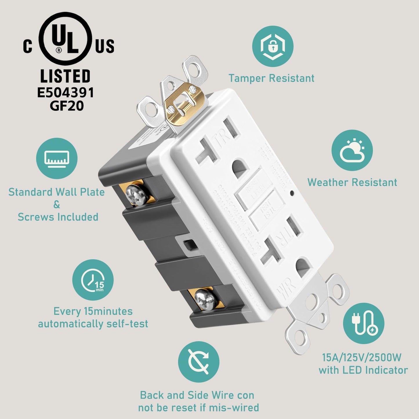 1 Pack GFCI Outlet 20 Amp Self-Test with LED Indicator, Tamper Resistant (TR) Weather Resistant (WR) GFI Electrical Receptacle Ground Fault Circuit Interrupters, Wallplate Included, UL Listed,White