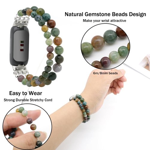 C&L Accessories Bracelets Compatible with Fitbit Inspire 3 Bands for Women, Beaded Wristband Adjustable Gemstone Replacement Straps for Fitbit Inspire 3 (Indian Agate)