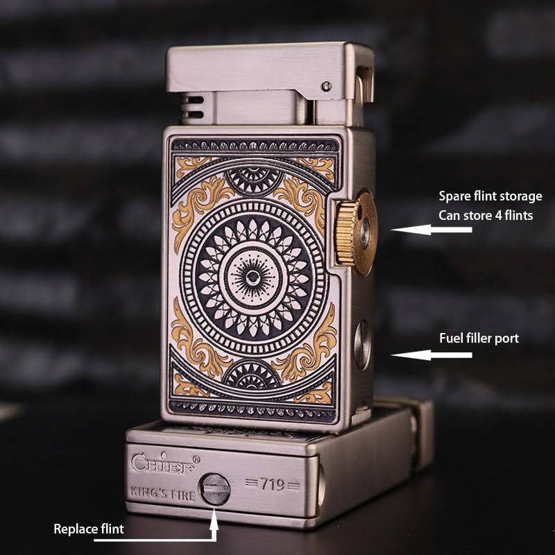Vintage Metal Lighter, Hand Engraved Sliding Gear Lgnition Soft Flame Lighter for Men Dad Husband Collect (Fuel Not Included) (Silver)