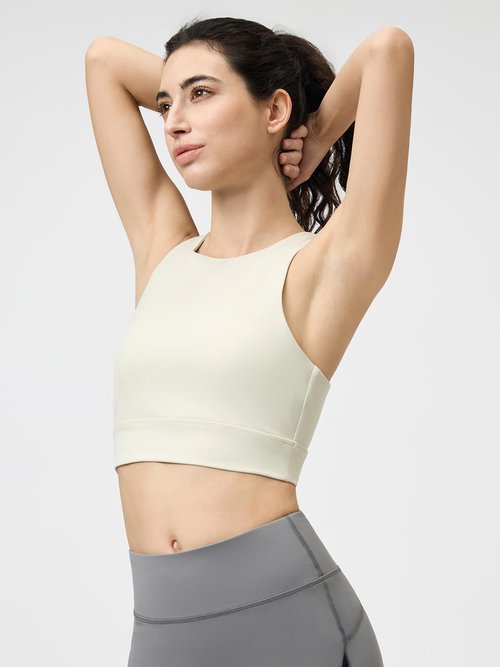 AARYA Women Crisscross Back Sports Bra Soft Breathable Workout Crop Top Low Impact Athletic Bra for Yoga Lounge & Daily Wear(Beige,Medium)
