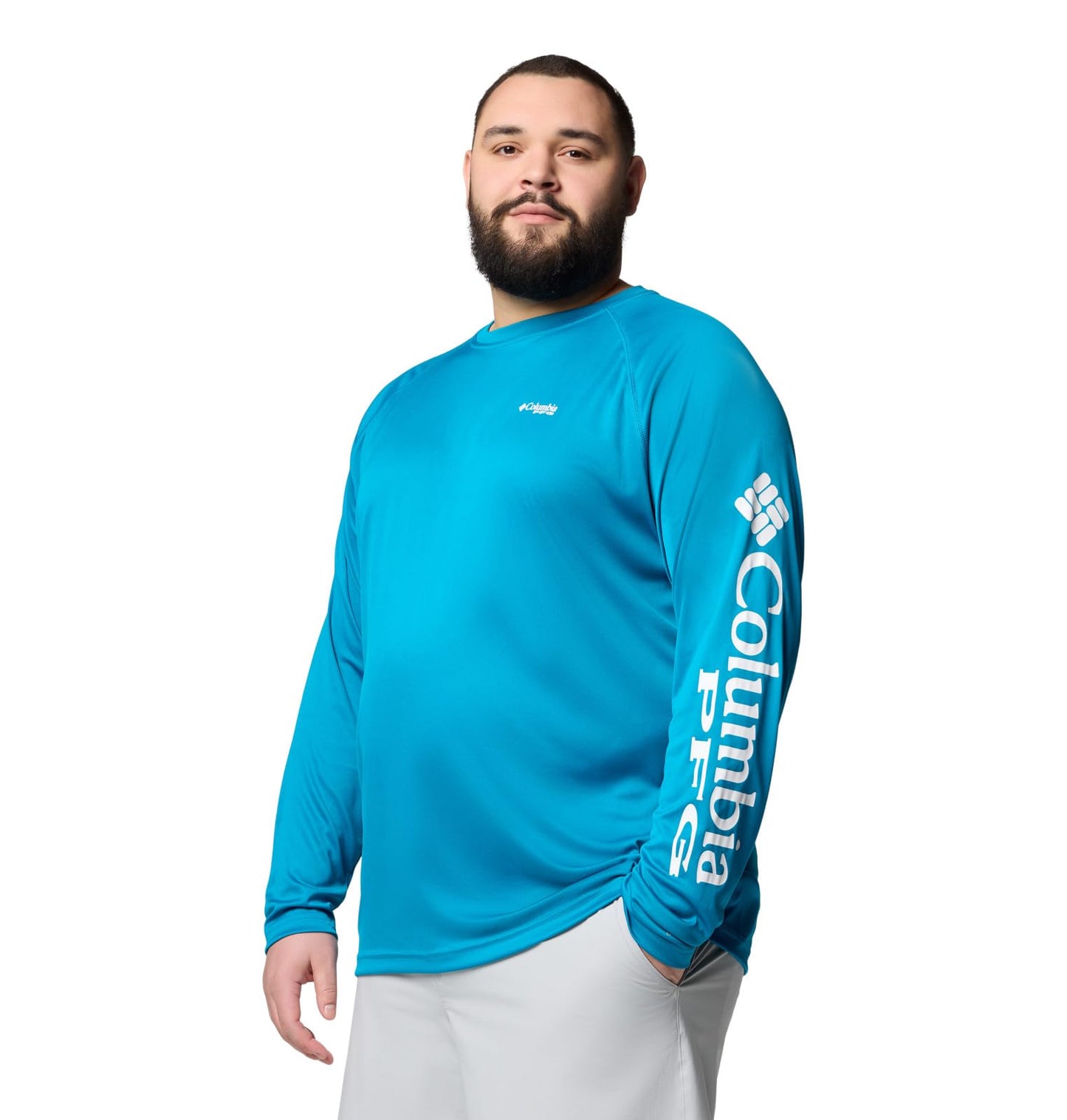 Columbia Men's PFG Terminal Tackle Long Sleeve Fishing Shirt, Blue Echo/White Logo, X-Large Tall