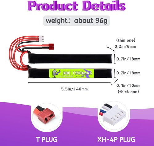 6018136 11.1V 1500mAh 30C T Plug Nunchuck Split Battery - Airsoft Toy Gun Charger & Mini Tamiya Cable