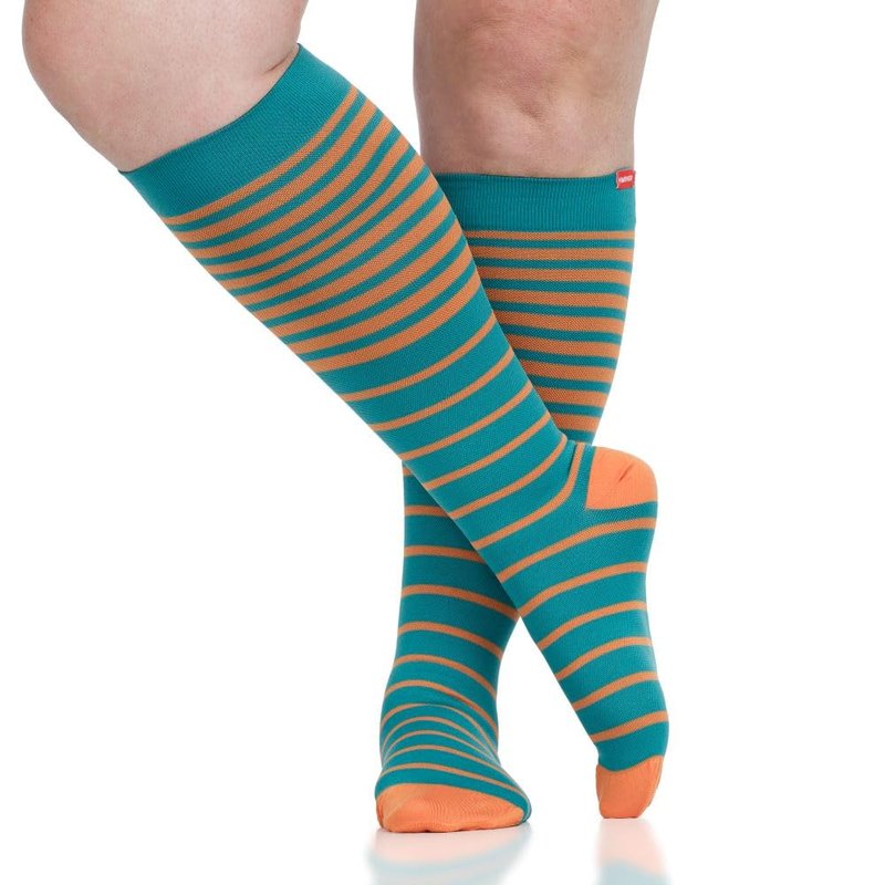 VIM & VIGR Nylon 15-20 mmHg Graduated Compression Socks (Teal & Orange Falling Stripe, Medium/Large (2))