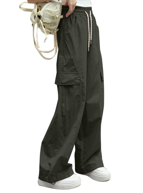 Ecolala Girls Cargo Pants Y2K Baggy Straight Wide Leg Drawstring Jogger Pants with Pocket Army Green 13-14 Years