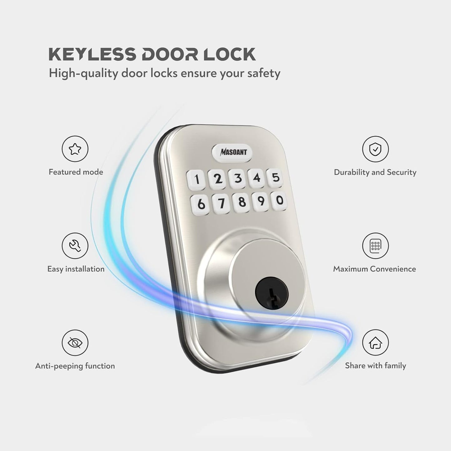 Brushed Nickel Keypad Deadbolt Lock - Electronic Keyless Front Door Auto Lock with Anti-Peeping Code