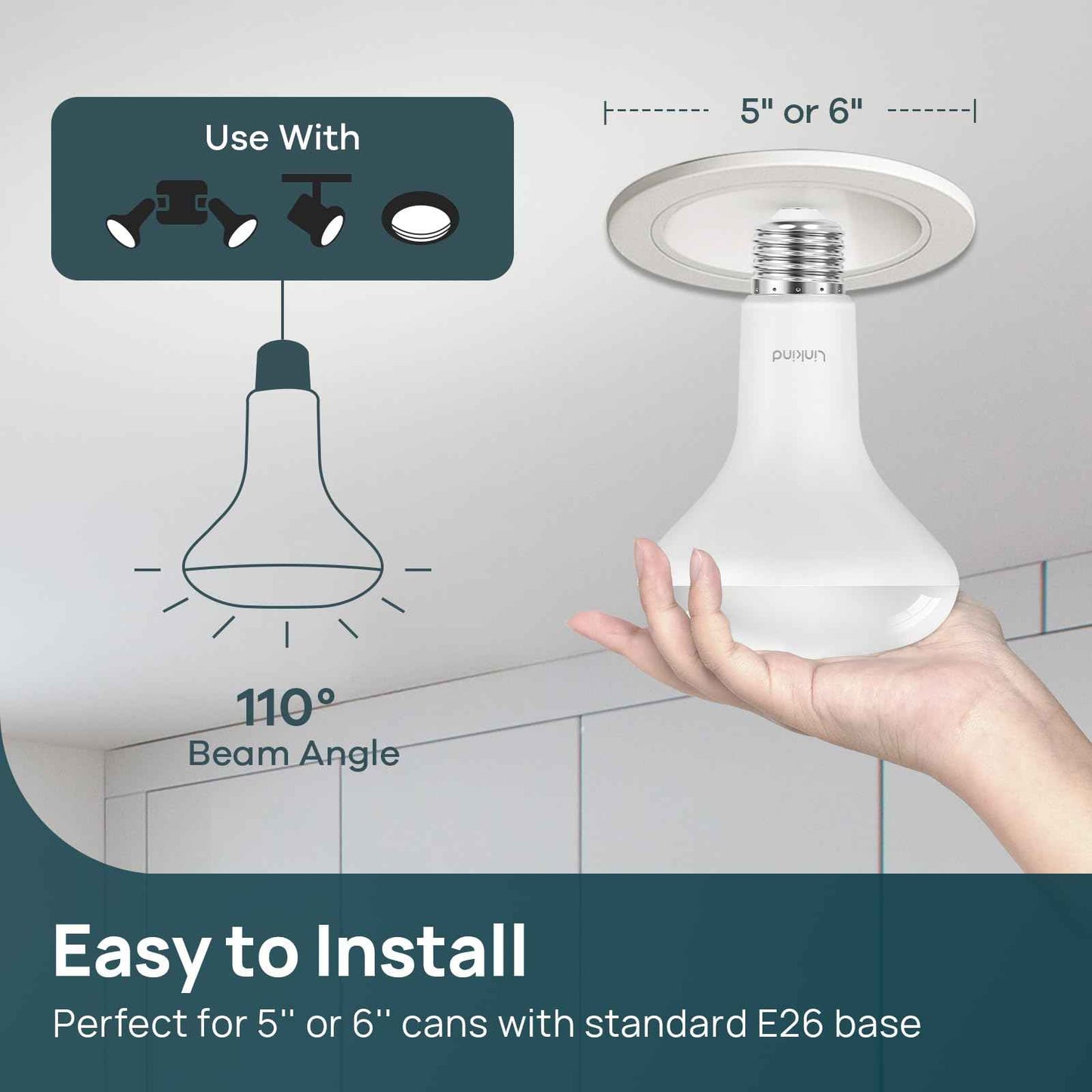 Linkind BR30 LED Flood Light Bulbs Indoor, 65W Equivalent Dimmable LED Recessed Bulbs, 10W 850 Lumens, 5000K Daylight E26 Base, Recessed Can Light Bulb for Bedroom Dining Room Bathroom, 6 Packs