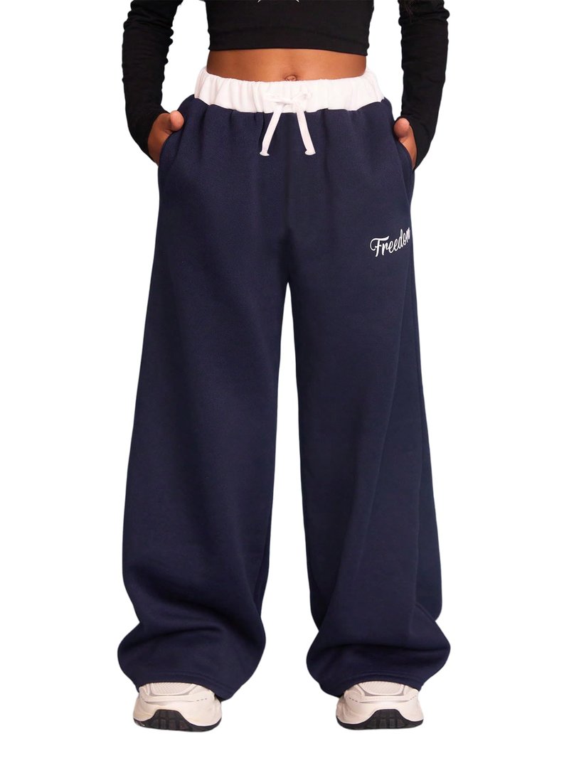 RoseSeek Girl's Baggy Sweatpants Letter Print Elastic Waist Wide Leg Pants Joggers Track Pants Trendy Blue and White 10Y