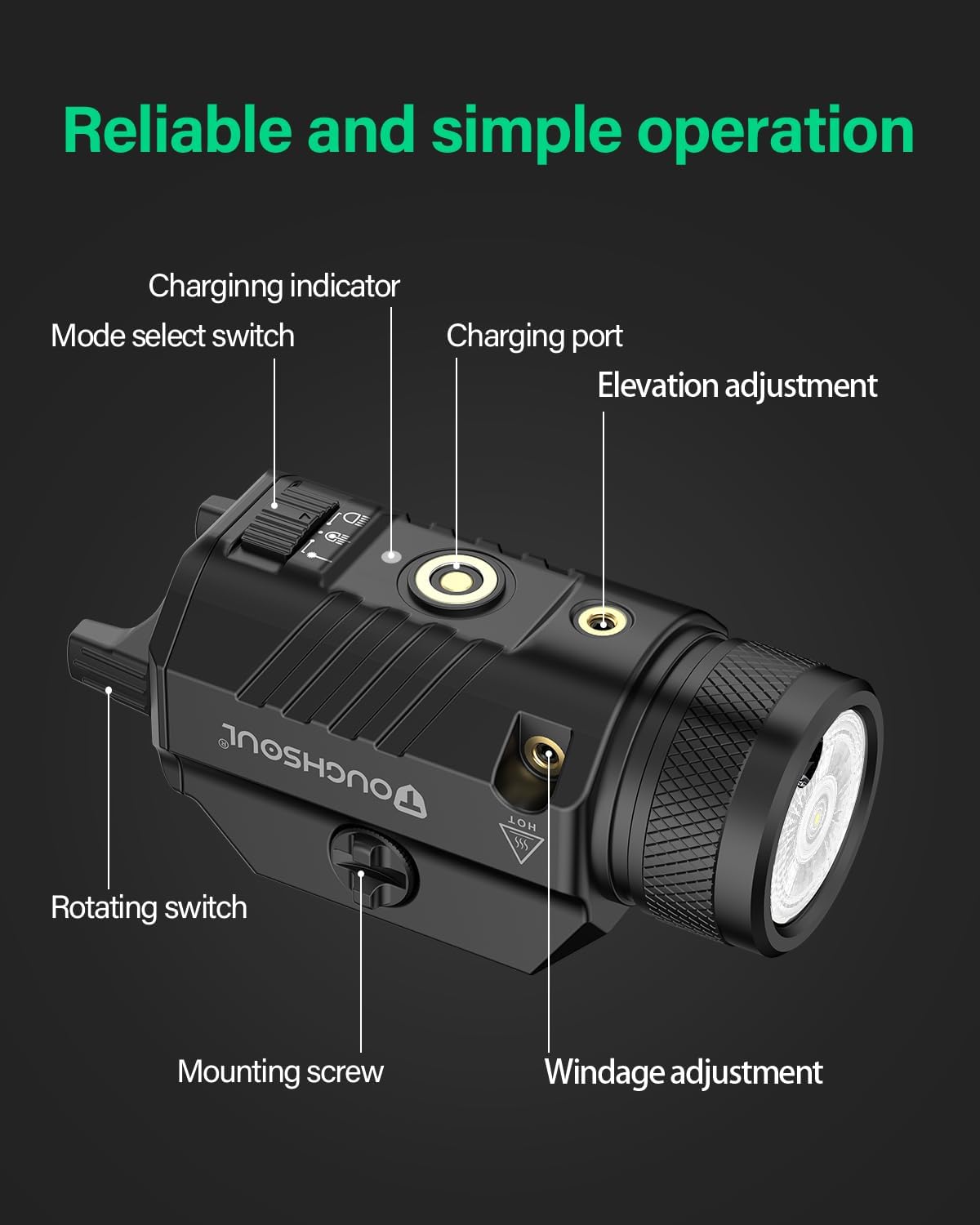 TOUGHSOUL Pistol Light - 1200 Lumens Green Laser & White LED Flashlight | Rechargeable Battery