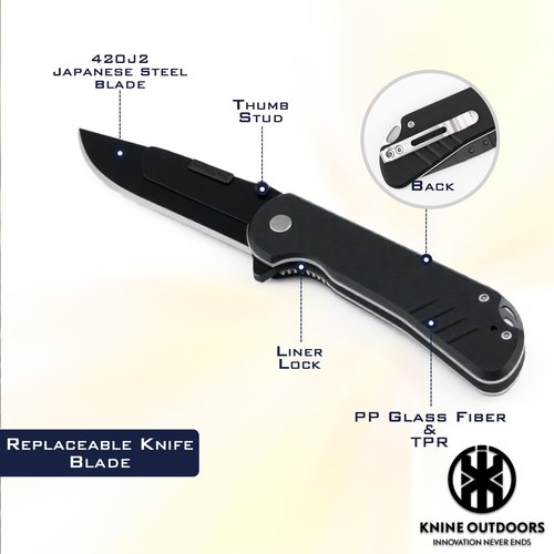 KNINE OUTDOORS Pocket Folding Knife for Men, Replacement Blades (Black)