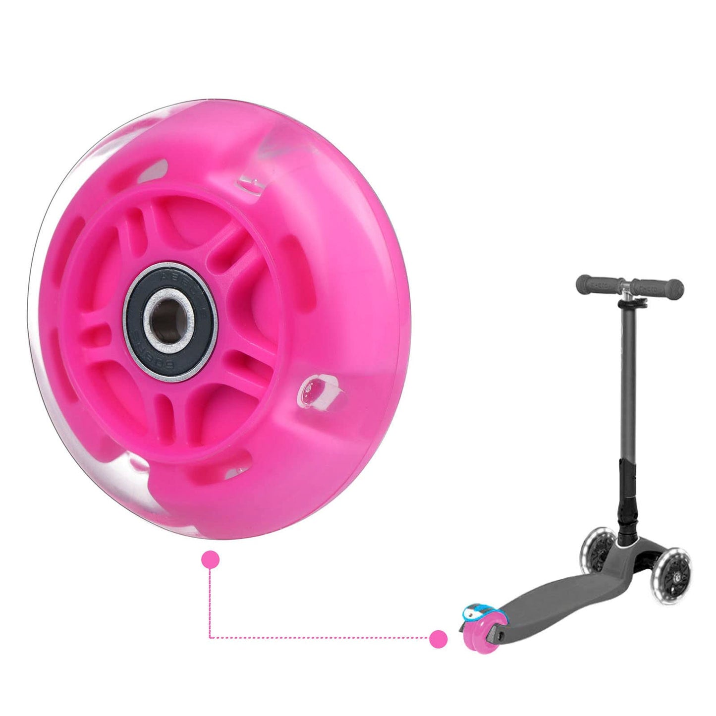 WHEELGOO 2-Pack Rear 80mm Colorful Flashing 3-Wheeled Kid Scooter Replacement Wheels for Kid Push Kick Scooter (Pink)