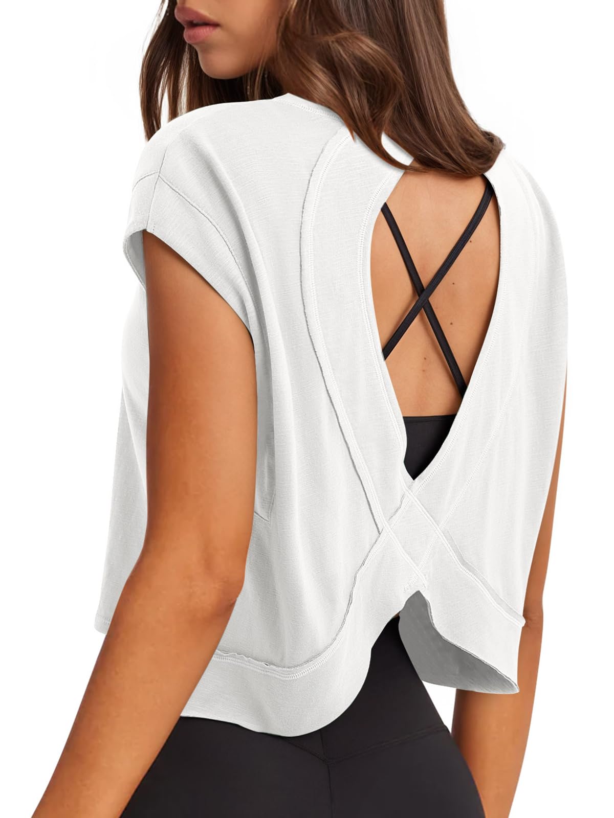 LASLULU Womens Open Back Workout Tops White Short Sleeve Crop Tank Tops 2026 Summer T-Shirts Loose Athletic Yoga Pilates Exercise Running Gym Shirts(White, Small)