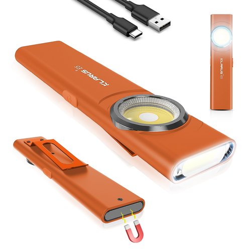 klarus E5 Pocket Flashlight, Rechargeable EDC Flashlight, Super Slim 4.2x1x0.3inch, 600 Lumens, USB-C Port, IPX4, Dual Light Source with Magnetic Base, Hat & Clothes Clip - Orange
