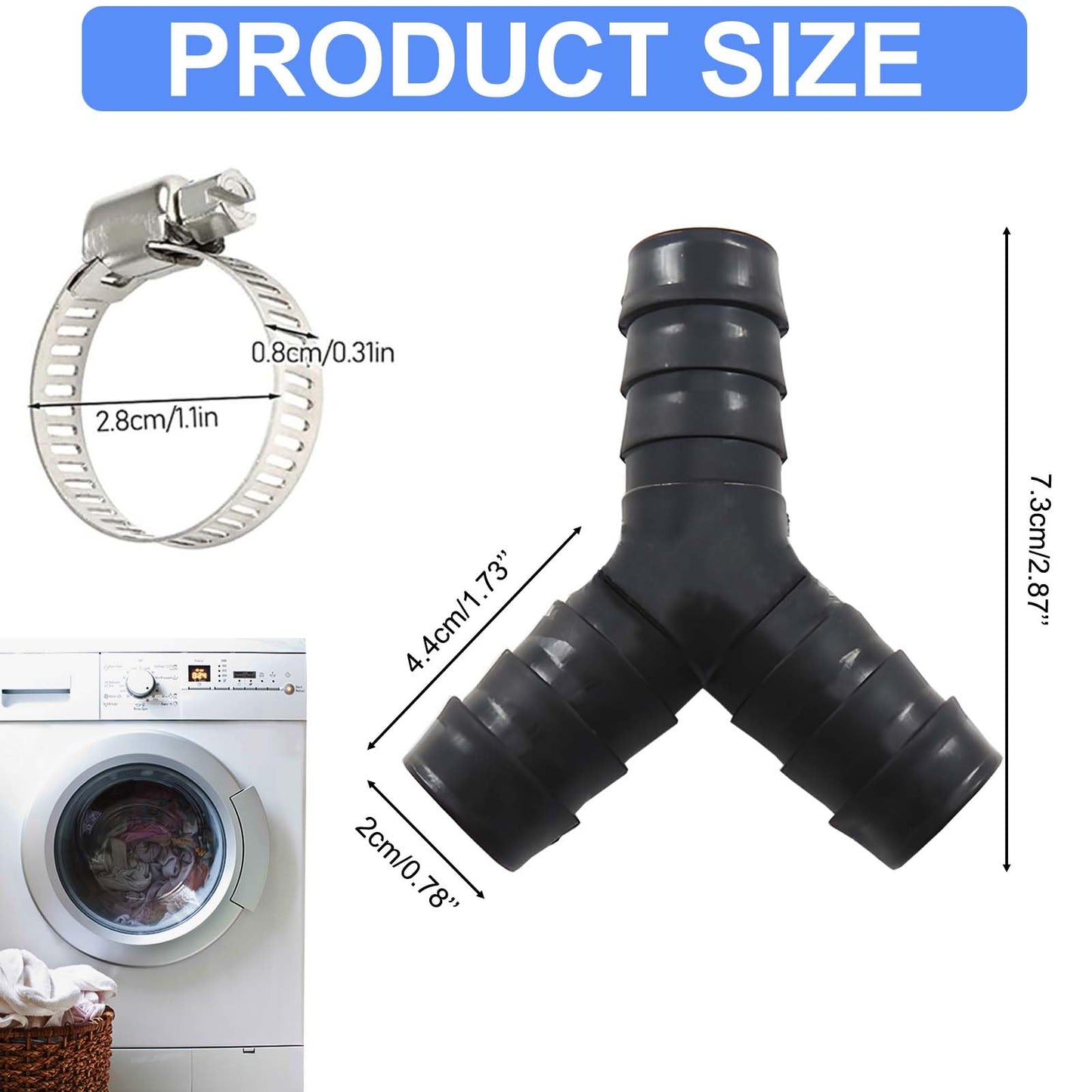 2 Pack Universal Washing Machine Drain Hose Y-Shaped Reducer - Fitting, Hose Splitter, Plastic Connector for Split Pipe Connection, Three-Way Adapter with Hose Clamps for Bathroom and Kitchen Use