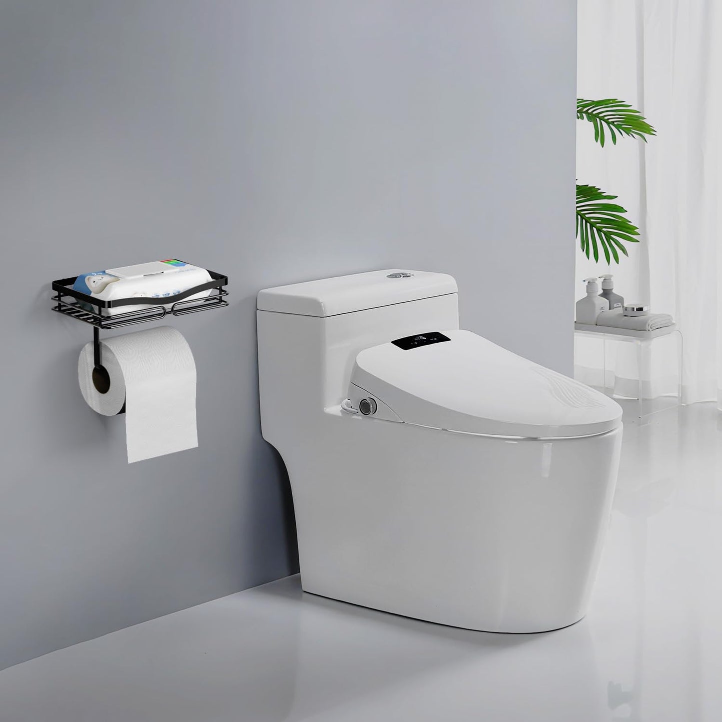 Adhesive Toilet Paper Holder Shelf - Wipes Storage Without Drilling, Stick on Toilet Paper Roll Holder, Waterproof Black