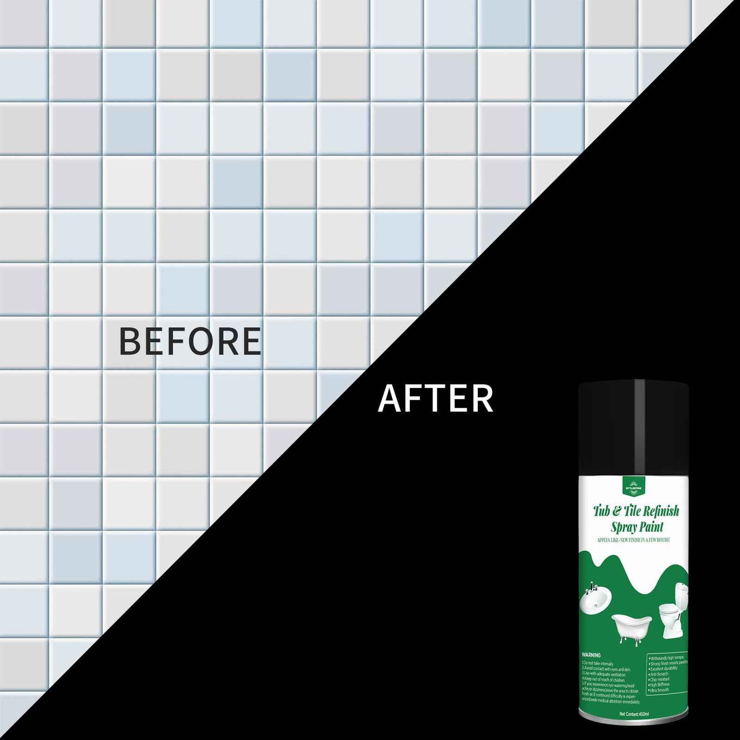 styleonme Tub and Tile Spray Paint Black, 450ml 1 pack, Diy Countertop Paint kit, Suitable for Ceramic, Porcelain, Fiberglass, Bathtub, Tile, Bathroom wall Repair Spray Paints