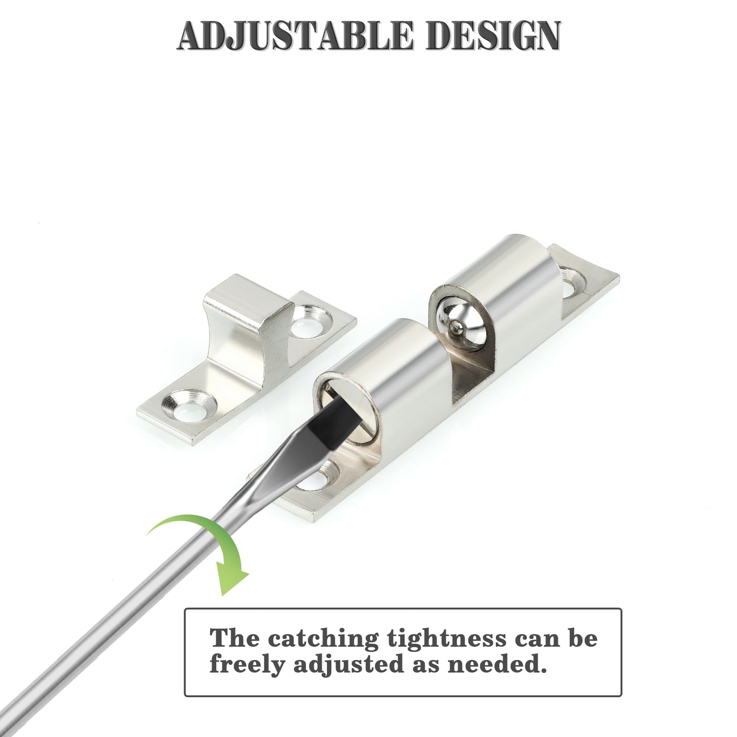 Alise Double Roller Catch Cabinet Latches,Adjustable Double Ball Tension Roller Catch Latch Brass Cabinet Door Latch,67mm Solid Metal Cabinet Latches and Catches,Pack of 4,Silver